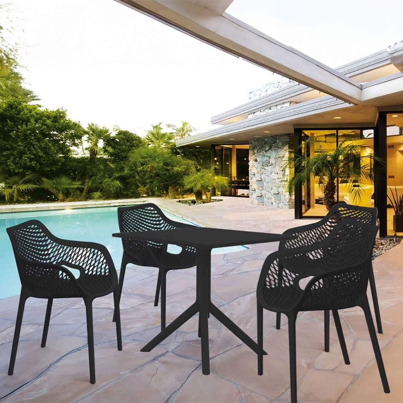 4 Air XL Chairs and Sky 80cm Square Table Set in Black