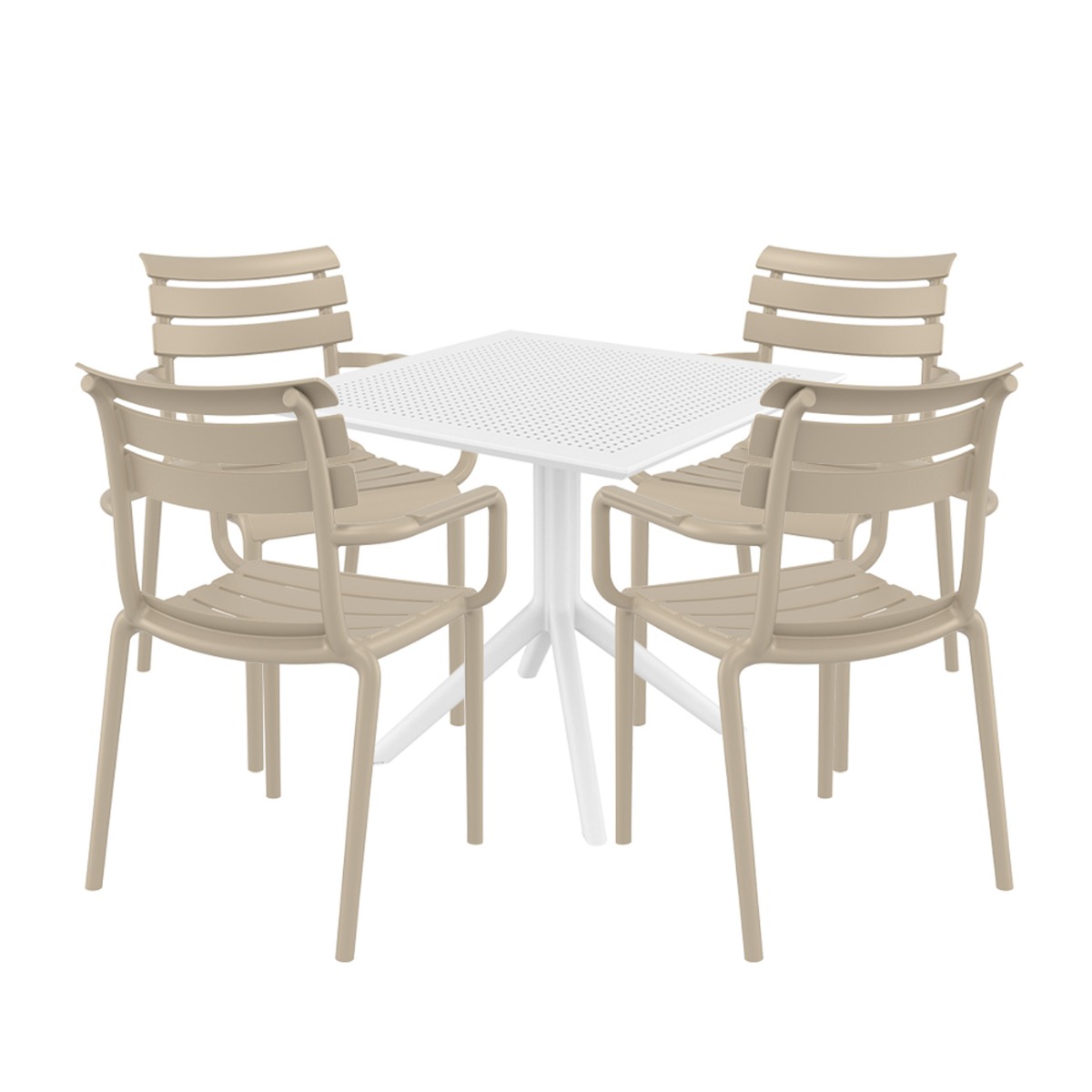 4 Seater Sky 80cm x 80cm Table White With Paris Chairs in Taupe