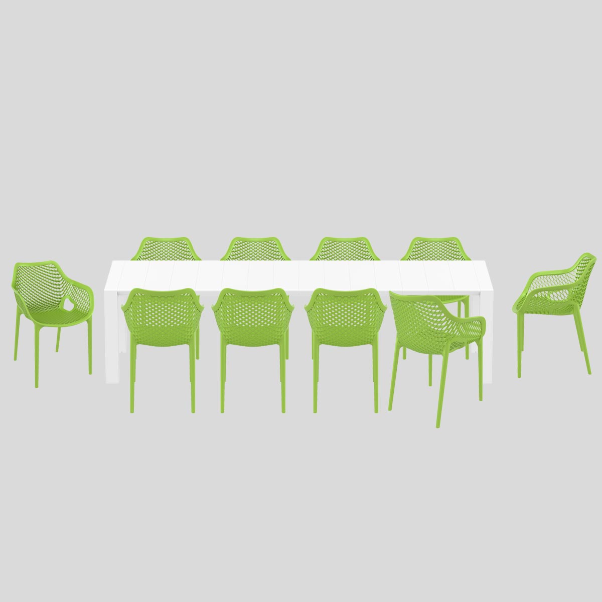 10 Green Air  XL Chairs and White Extending Vegas Table XL Set