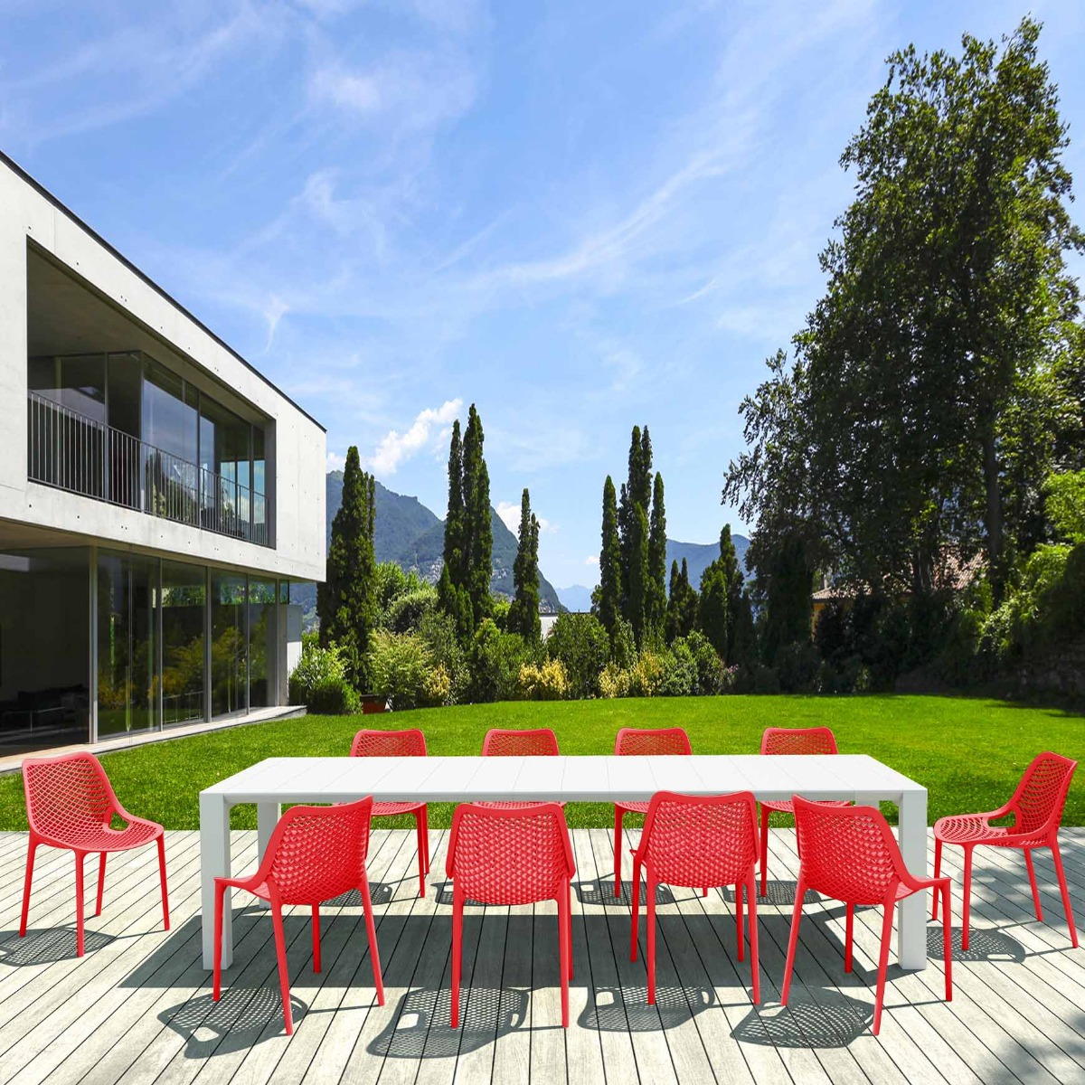 10 Red Air Chairs and White Vegas XL Table Set