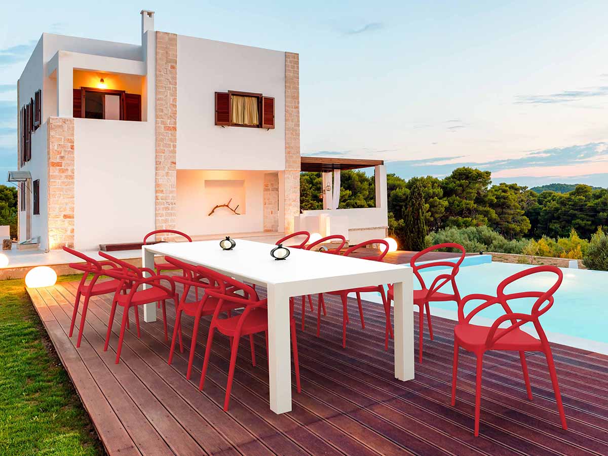 10 Red Mila Chairs and White Vegas XL Set