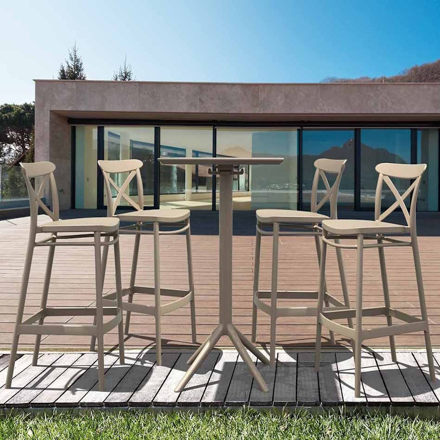 4 Cross Bar Chairs and Sky Bar Table Set in Taupe