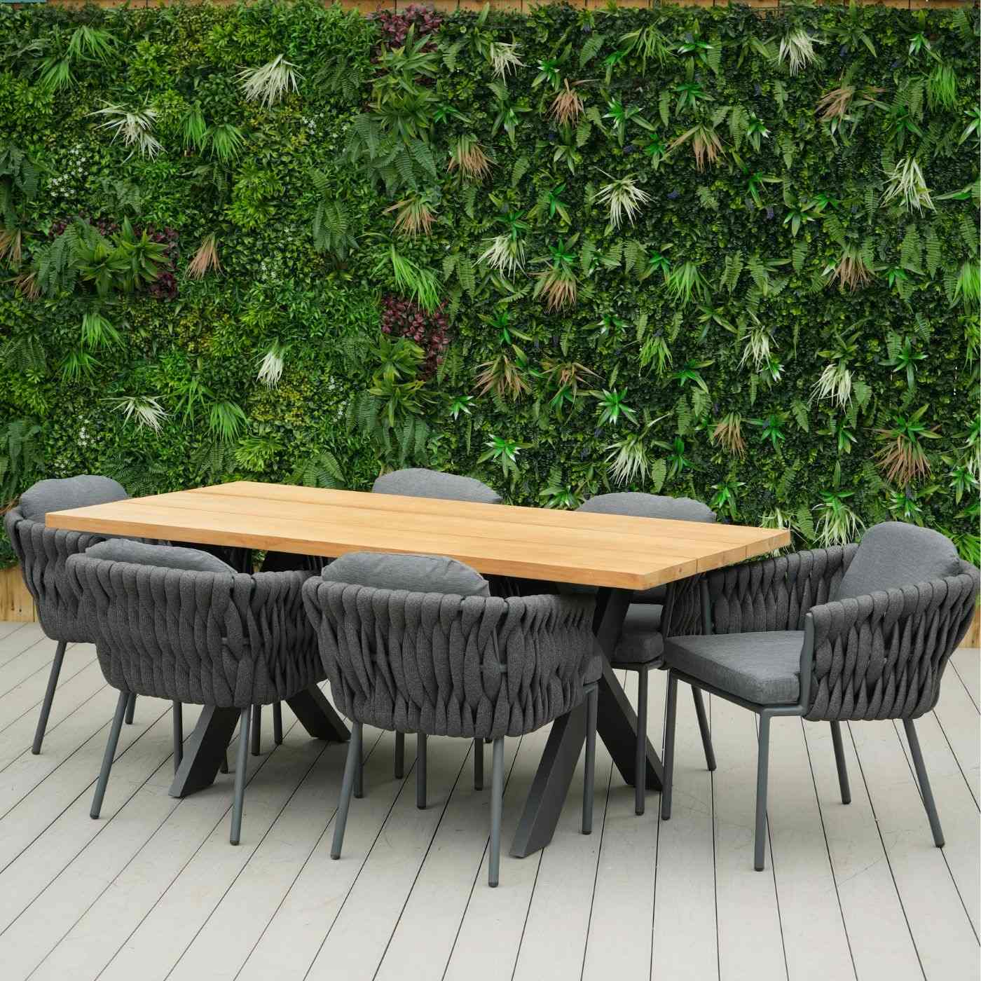Tebal Teak 180cm Rectangular Table with 6 Aranweave Grey Chairs