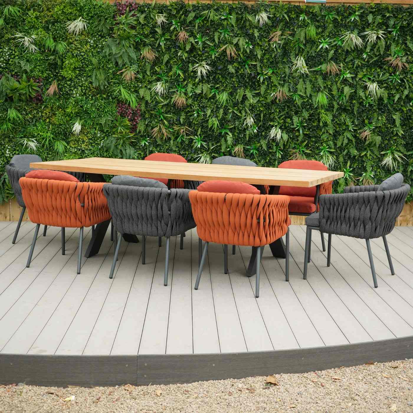 Tebal Teak 8 Seater 240cm Rectangular Set with Aranweave Chairs in Orange and Grey