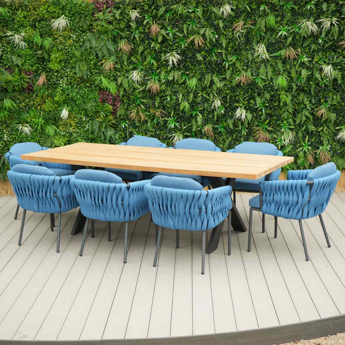 Tebal Teak 240cm Rectangular Table with 8 Aranweave Blue Chairs