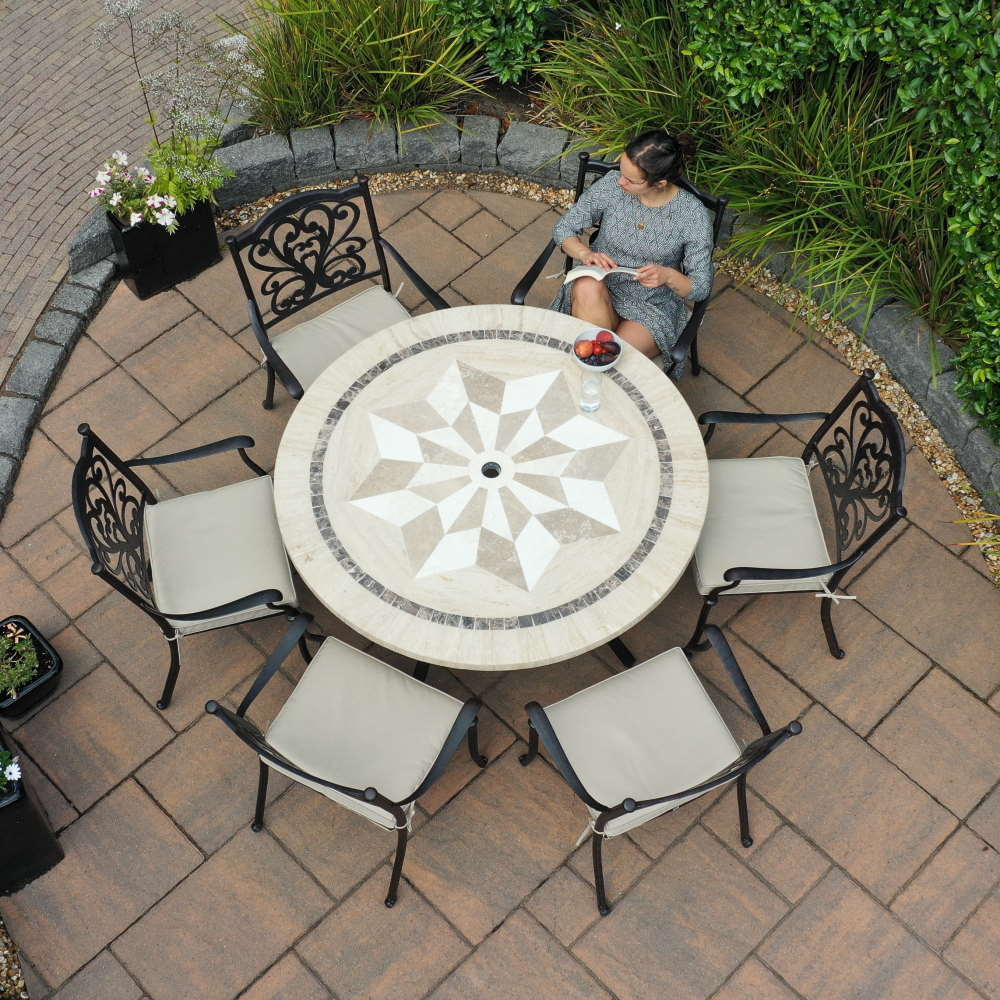 Hampshire Cast Aluminium 6 Seat Set with Bronze Stone Top Round Dalkey Table