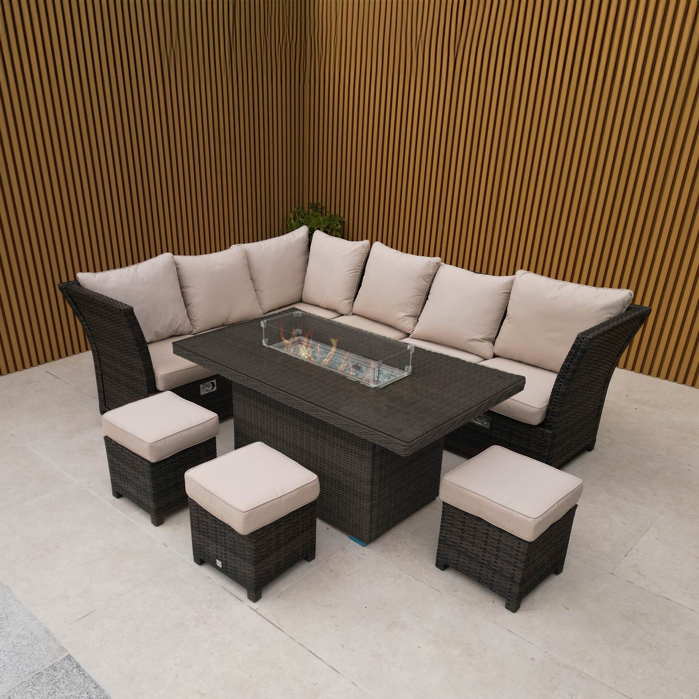 Santander Corner Dining Set with Rectangular Firepit Table - Mixed Brown
