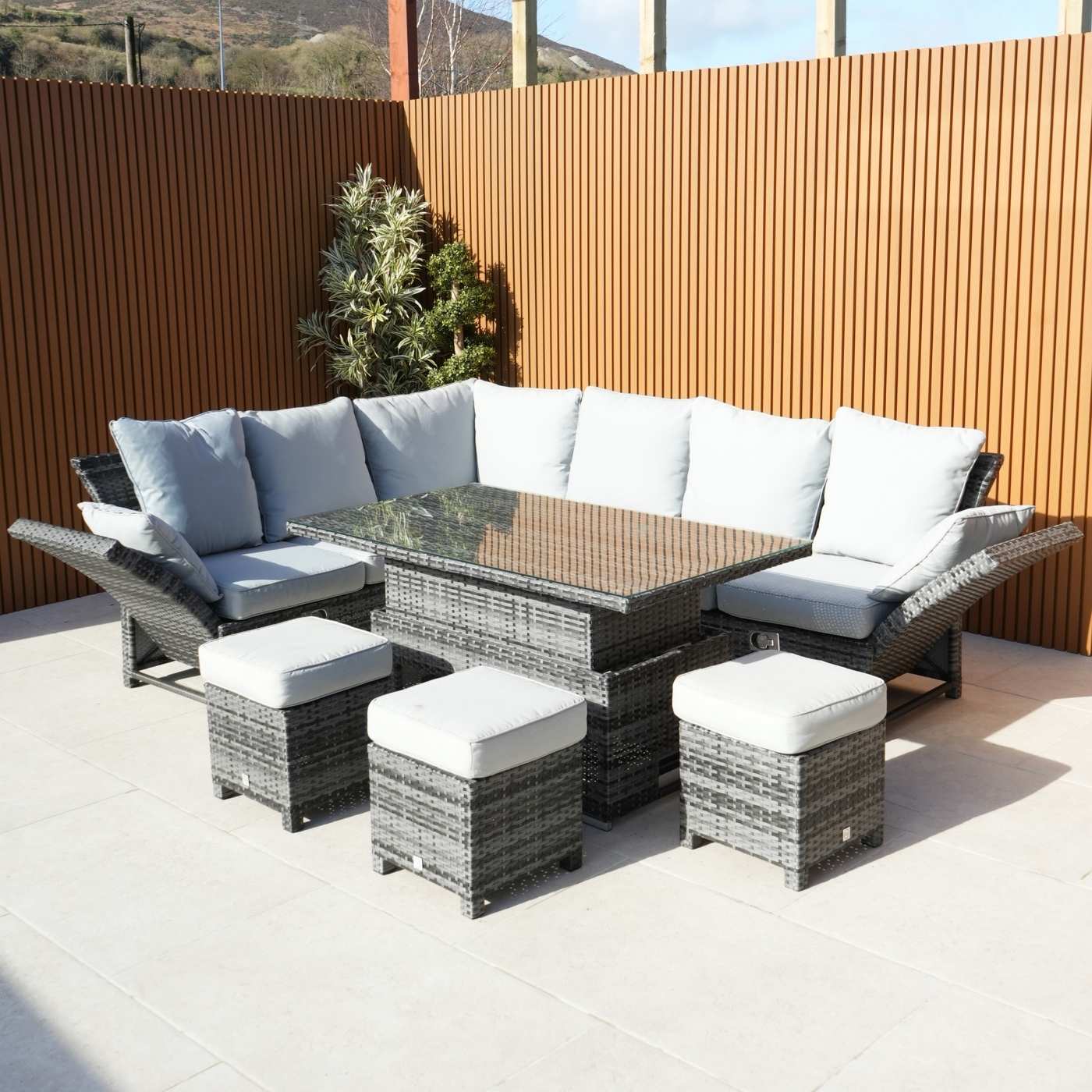 Santander Corner Rattan Dining Set with Rising Table and Recliner - Grey