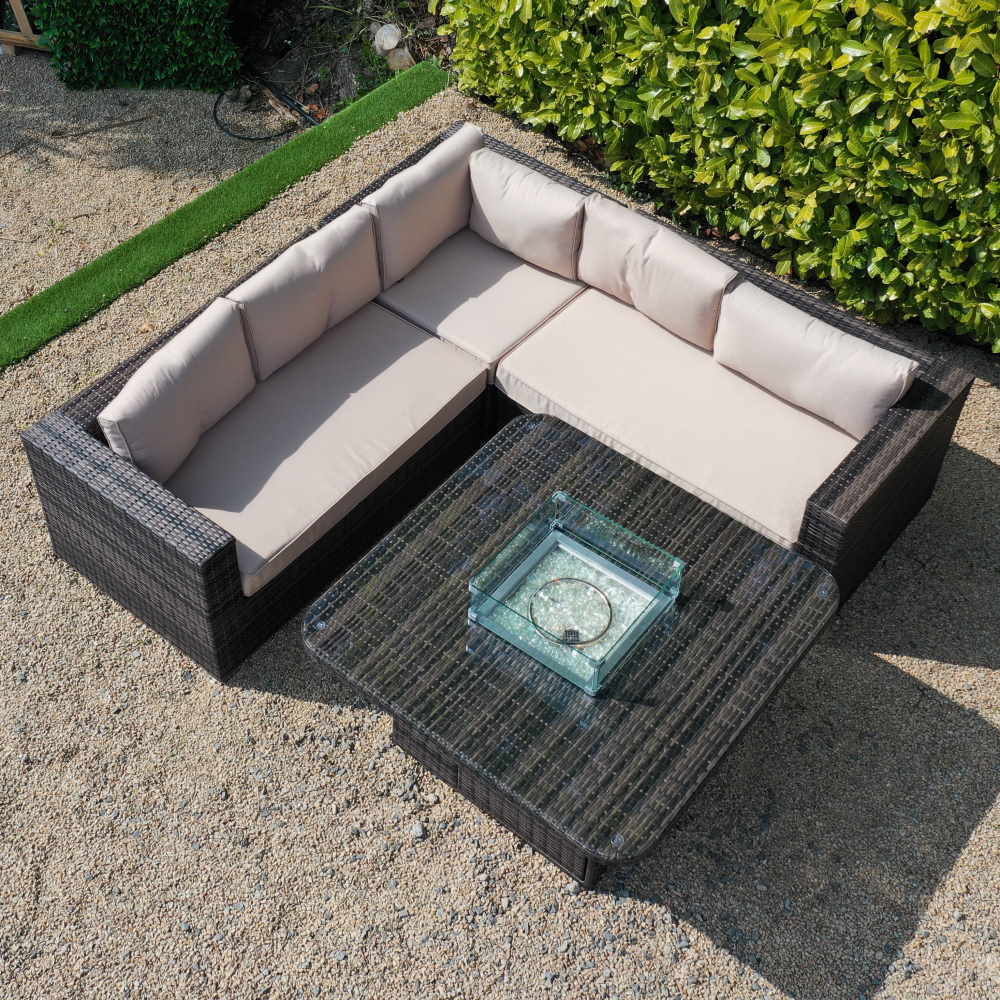 San Jose Rattan Corner Sofa Set with Square Gas Fire Pit Table - Chocolate