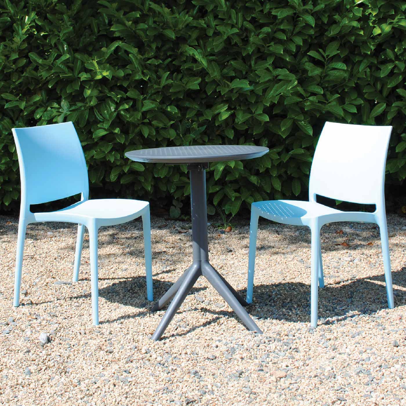 2 Seater Sky Round Folding Table in Grey with Maya Chairs in Blue