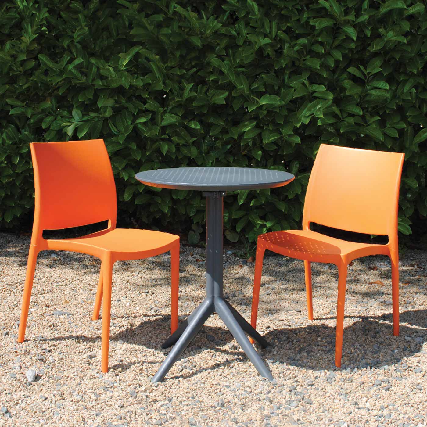 2 Seater Sky Round Folding Table in Grey with Maya Chairs in Orange