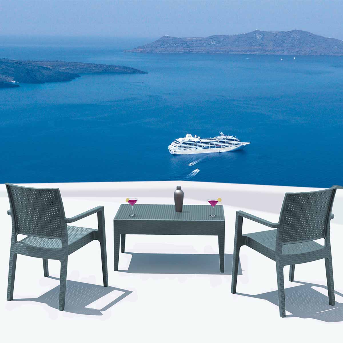 2 Ibiza Chairs with Miami Lounge Rectangular Table in Grey