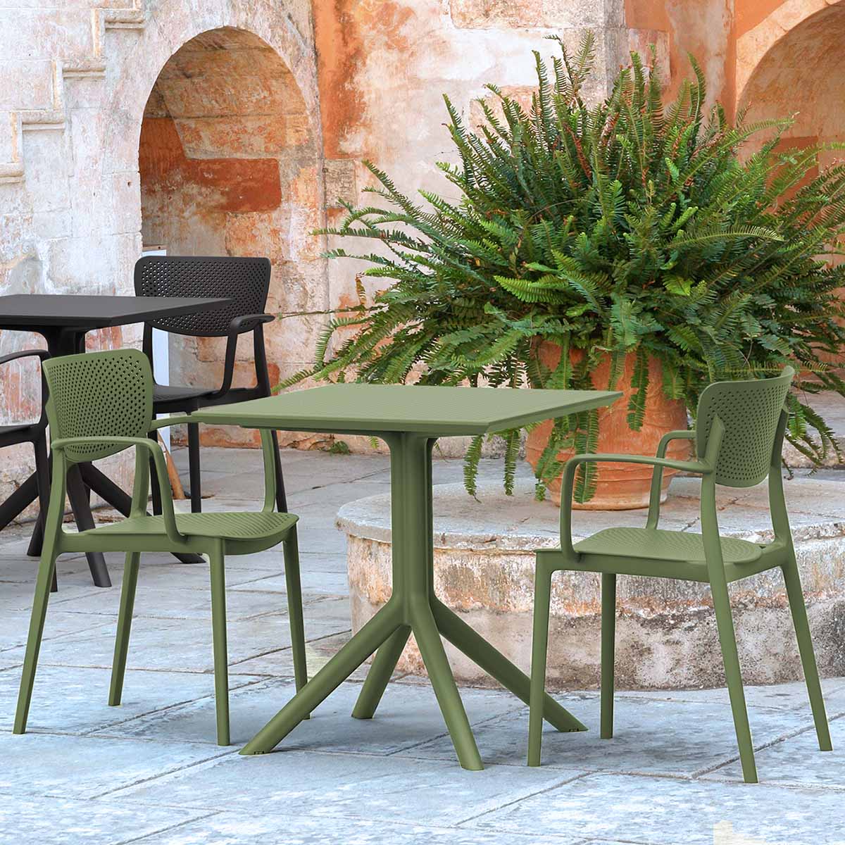 2 Loft Chairs with Sky 60x60 Square Table in Olive Green