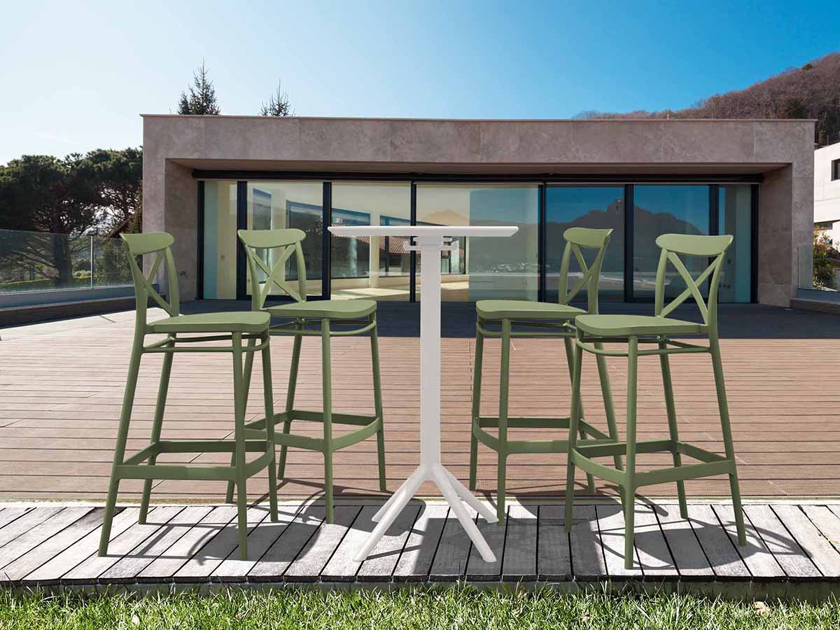 4 Green Cross Bar Chairs and White Sky Bar Table Set