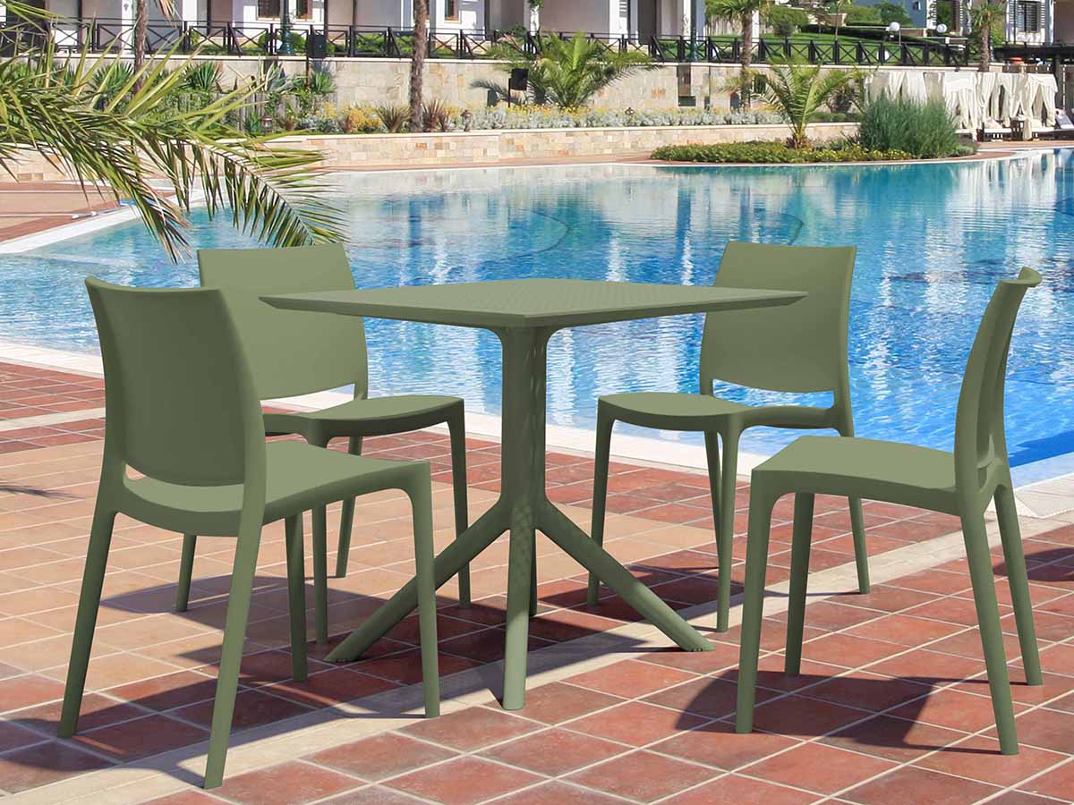 4 Maya Chairs and Sky 80 Table Set in Olive Green
