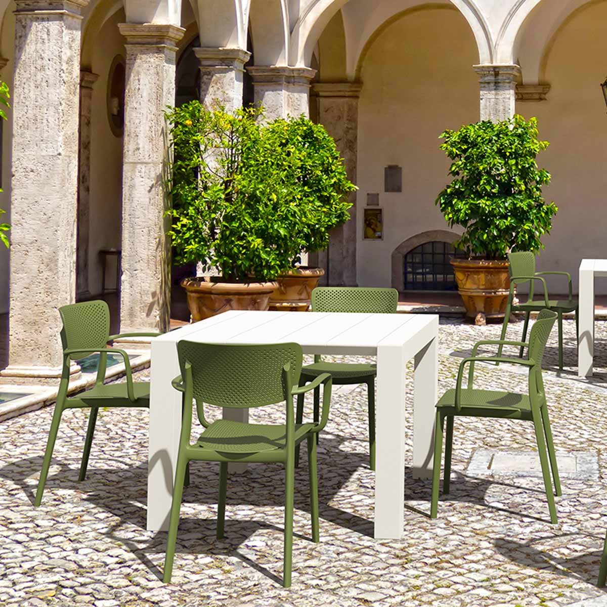 4 Olive Green Loft Chairs with White Vegas 4-6 Rectangular Table