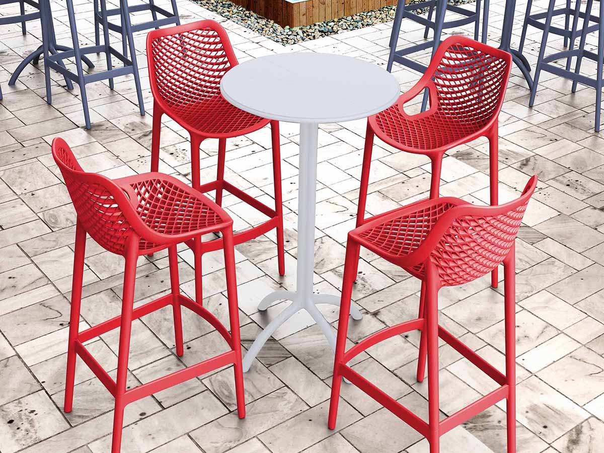 4 Red Air Bar 75 Stools and White Octopus Bar Table Set