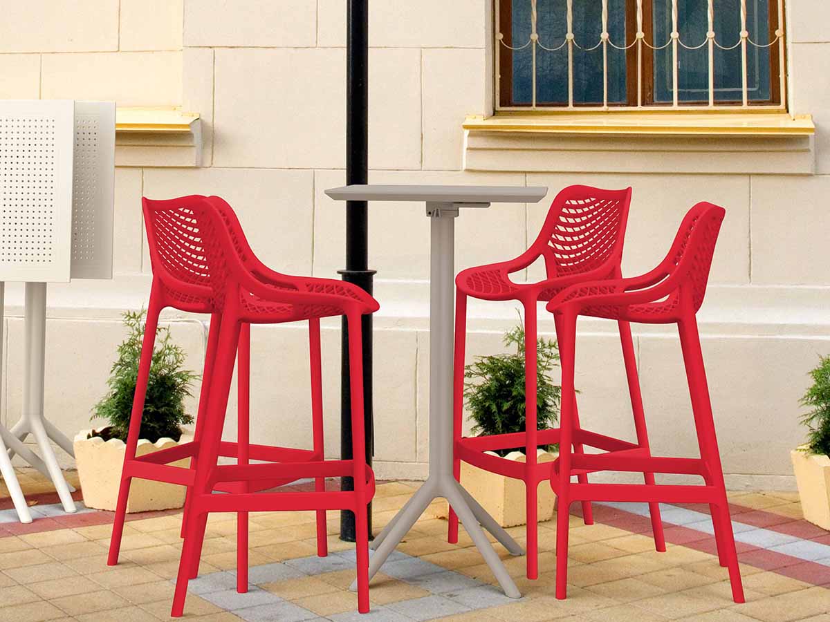 4 Red Air Bar Chairs and Taupe Sky Bar Table Set