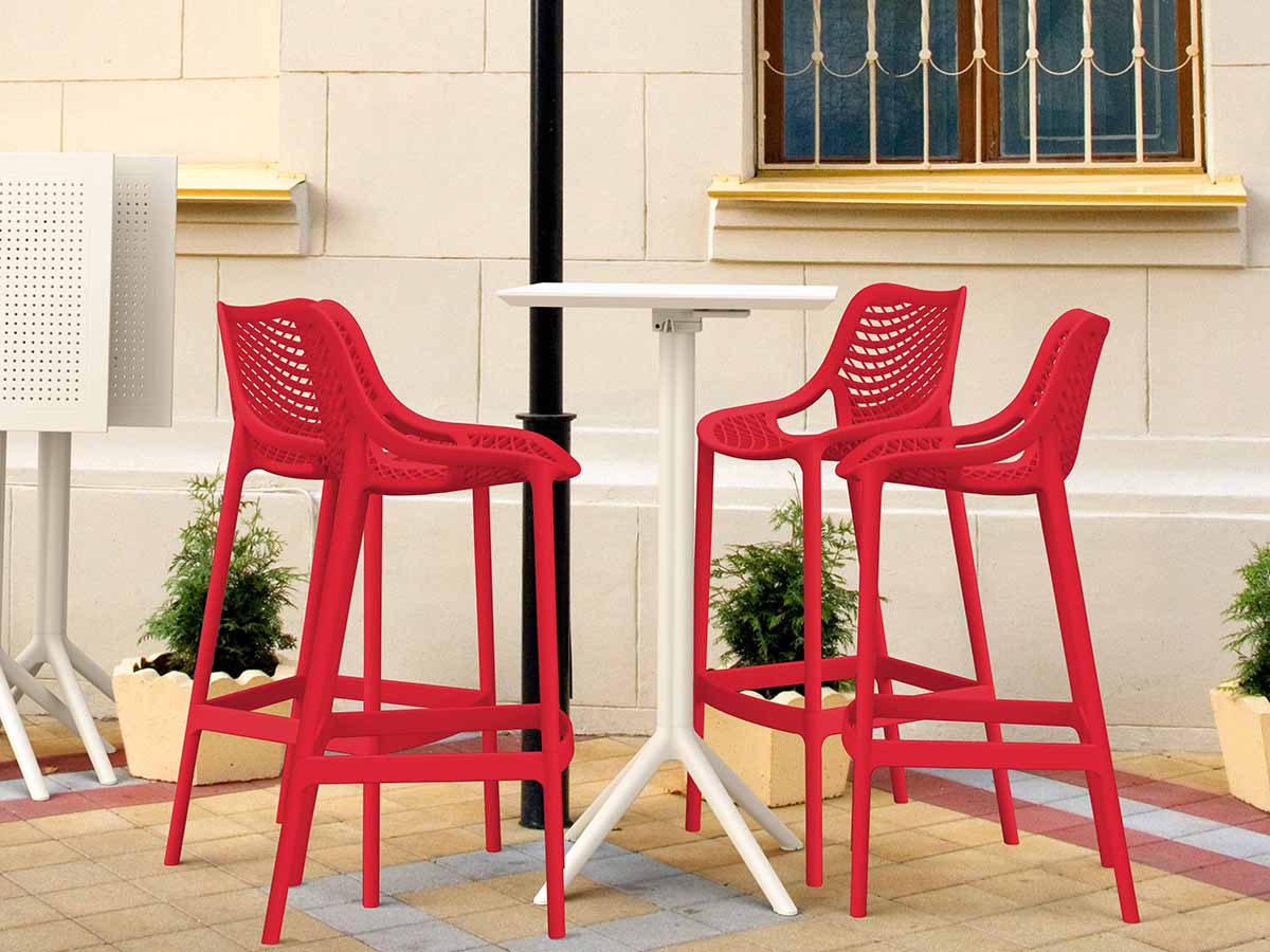 4 Red Air Bar Chairs and White Sky Bar Table Set