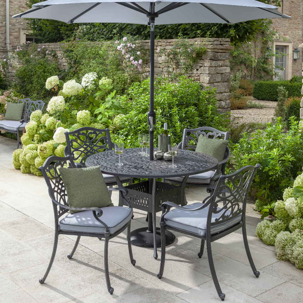 Hartman Capri 4 Seat Round Cast Alumium Dining Set in Antique Grey