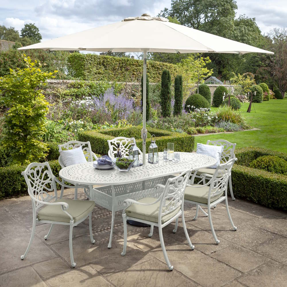 Capri 6 Seat Oval Cast Aluminium Set with Parasol and Base - Maize