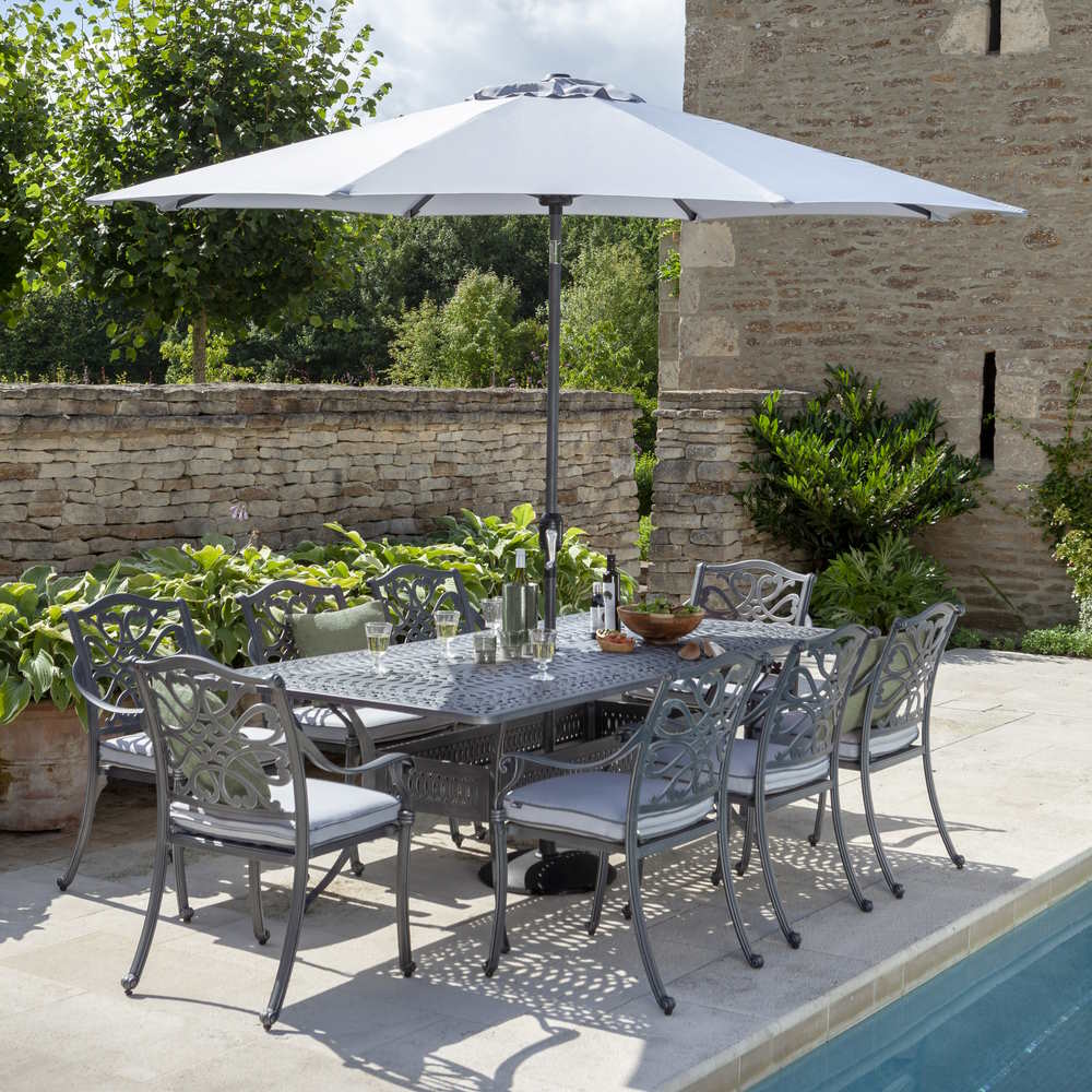 Hartman Capri 8 Seat Rectangular Cast Aluminium Set in Antique Grey with Parasol & Base