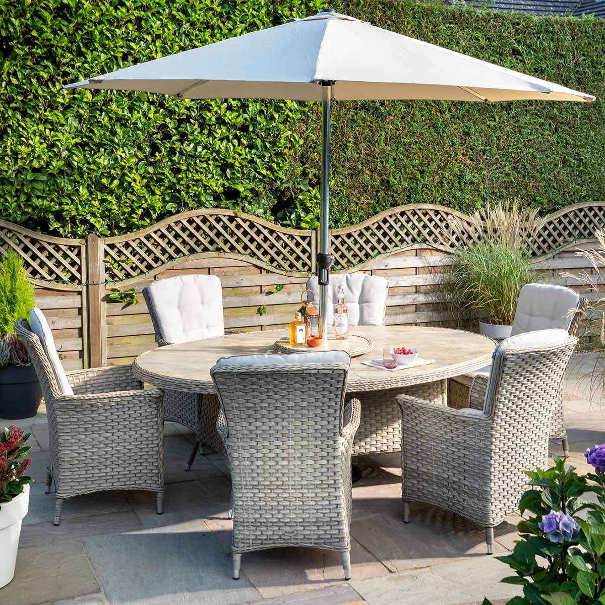 Heritage Tuscan 6 Seat Elliptical Set with Lazy Susan, Parasol, and Base