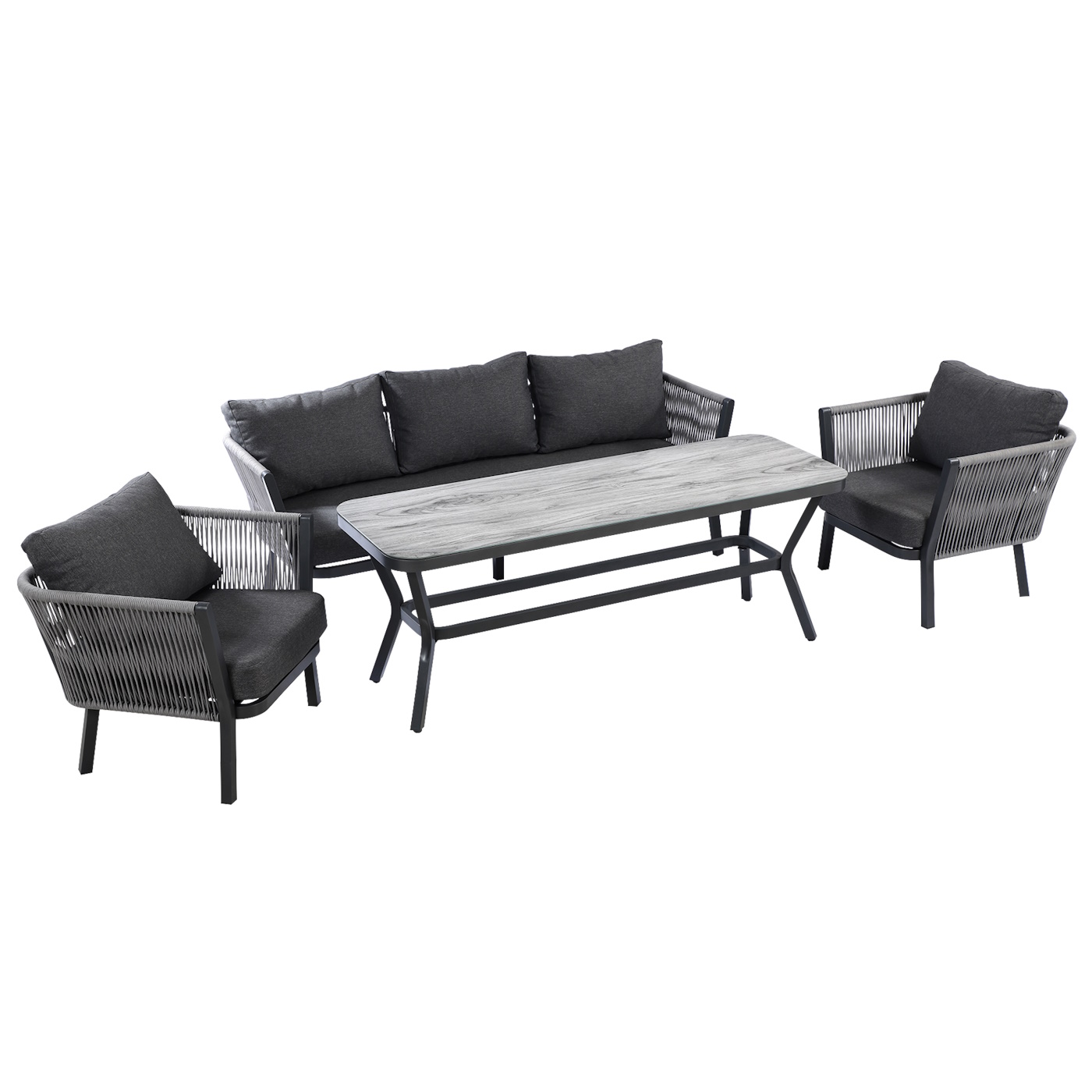 Hartman Dubai 3 Seat Rope Lounge Sofa With 2 Lounge Chairs and Casual Table - Xerix / Slate