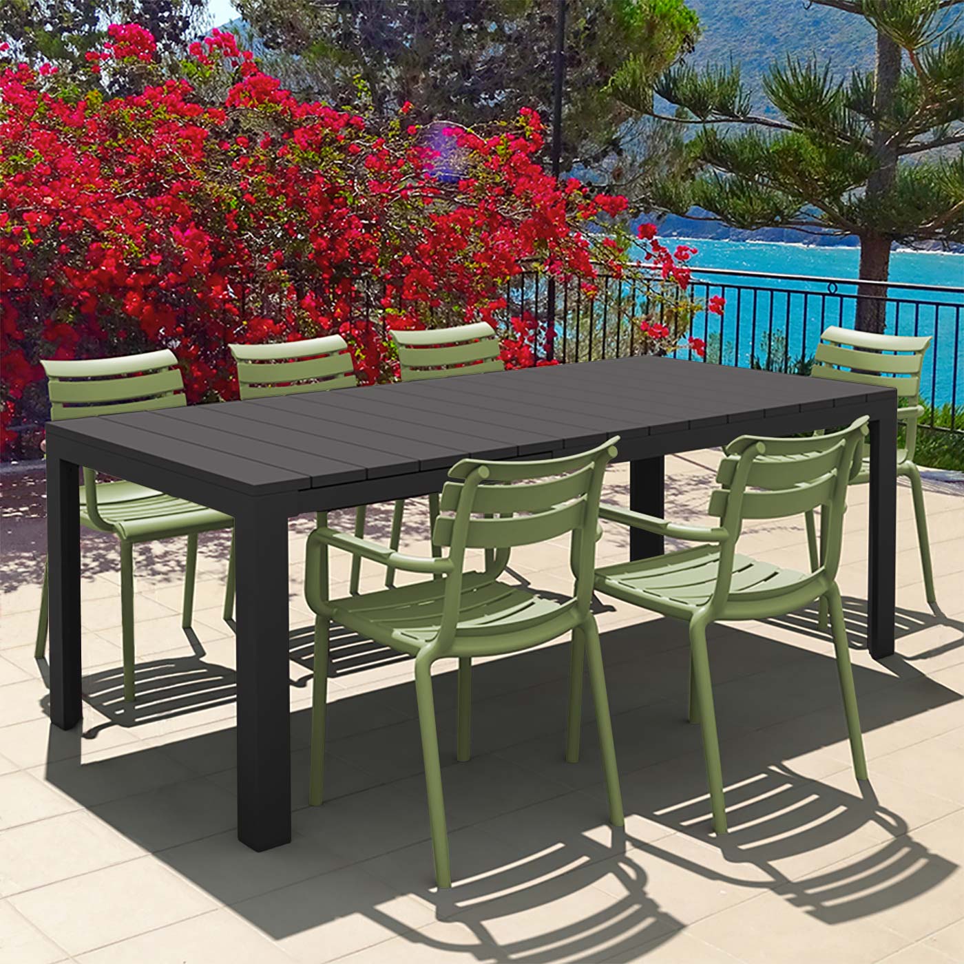 Atlantic Medium 6 Seater Set Table In Black With Paris Chairs in Olive Green