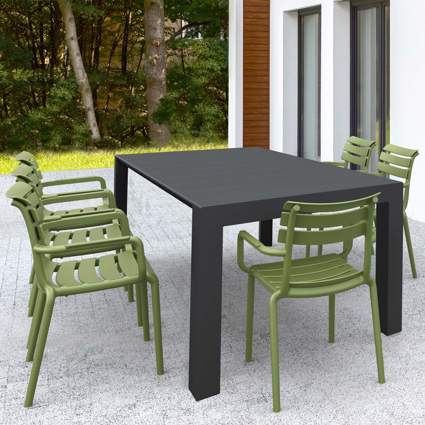Vegas Medium 6 Seater Set Table in Black with Paris Chairs in Olive Green