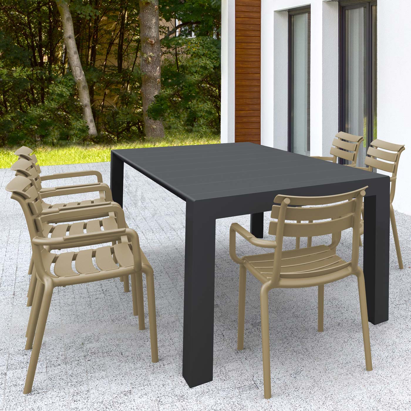 Vegas Medium 6 Seater Set Table in Black with Paris Chairs in Taupe