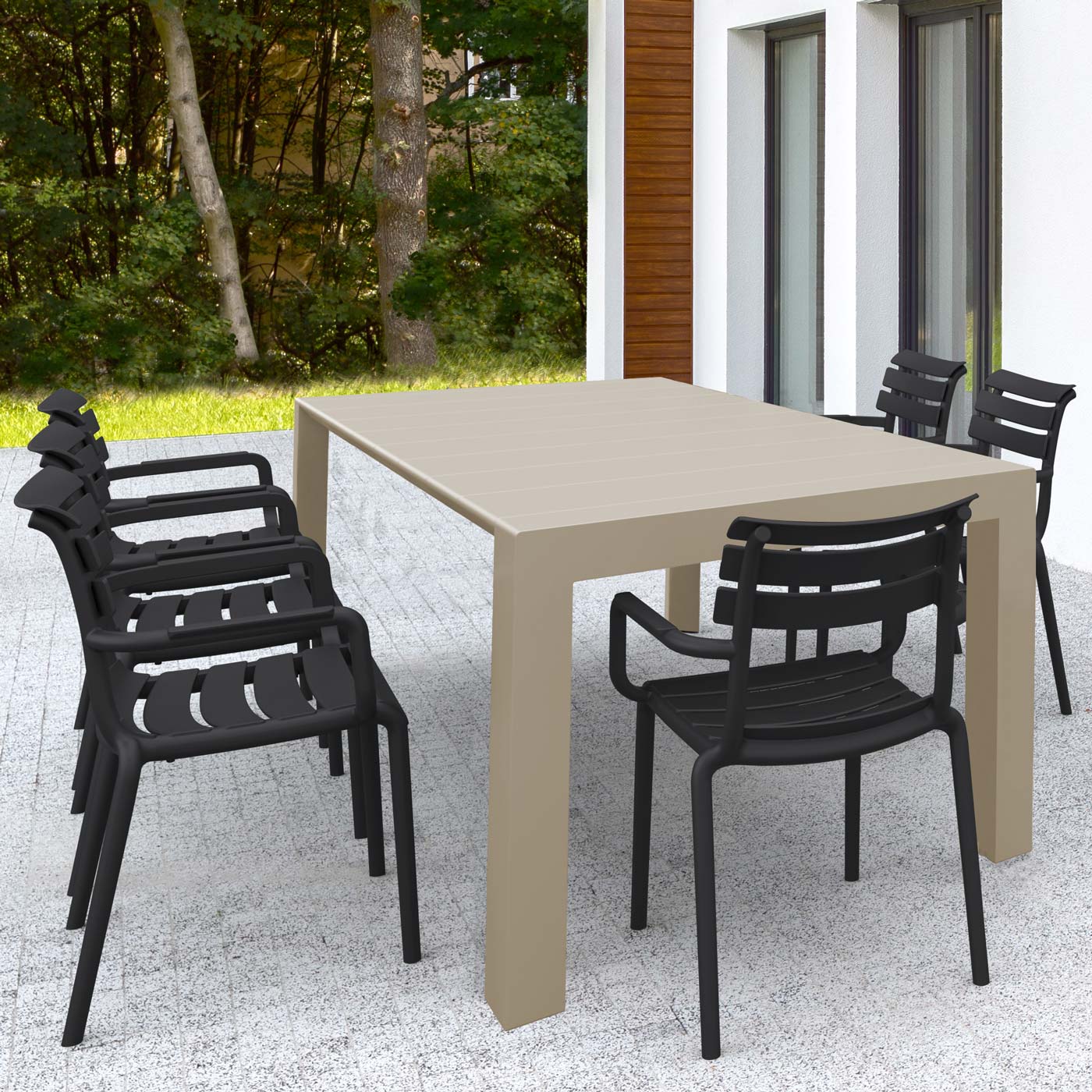 Vegas Medium 6 Seater Set Rectangular Table in Taupe with Paris Chairs in Black