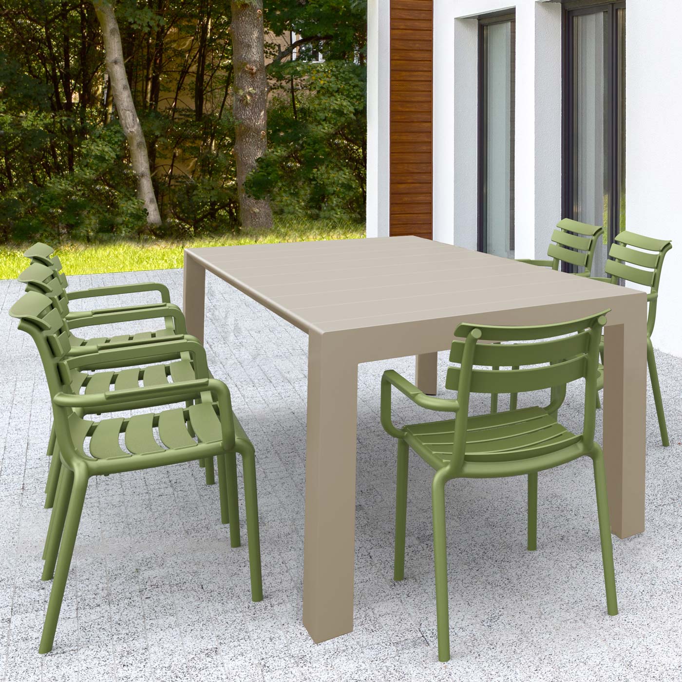 Vegas Medium 6 Seater Set Table in Taupe with Paris Chairs in Olive Green
