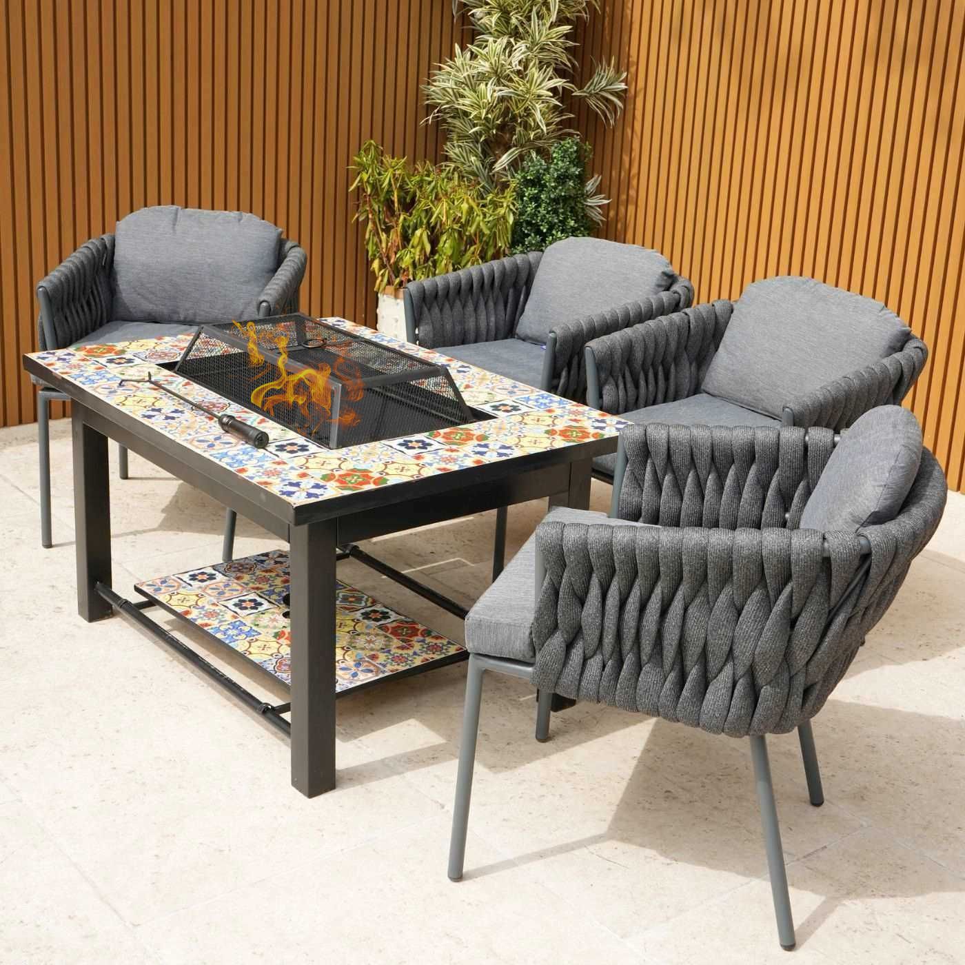 Lambay Table Fire Pit in Black with 4 Aranweave Rope Chairs in Grey