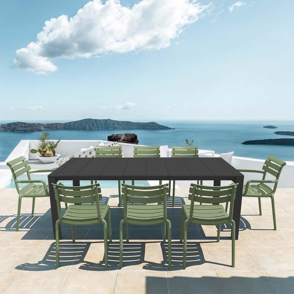 Vegas XL 8 Seater Set Table in Black with Paris Chairs in Olive Green