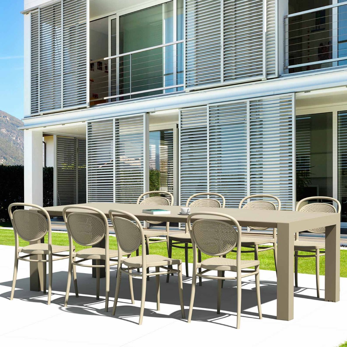 8 Marcel Chairs and Vegas XL Table Set in Taupe