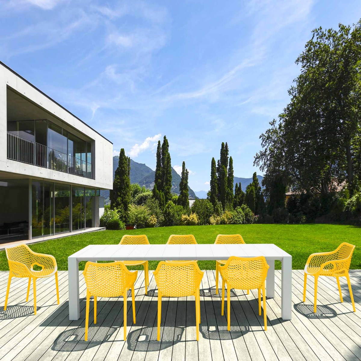 8 Yellow Air XL Chairs and White Extending Vegas XL Table Set