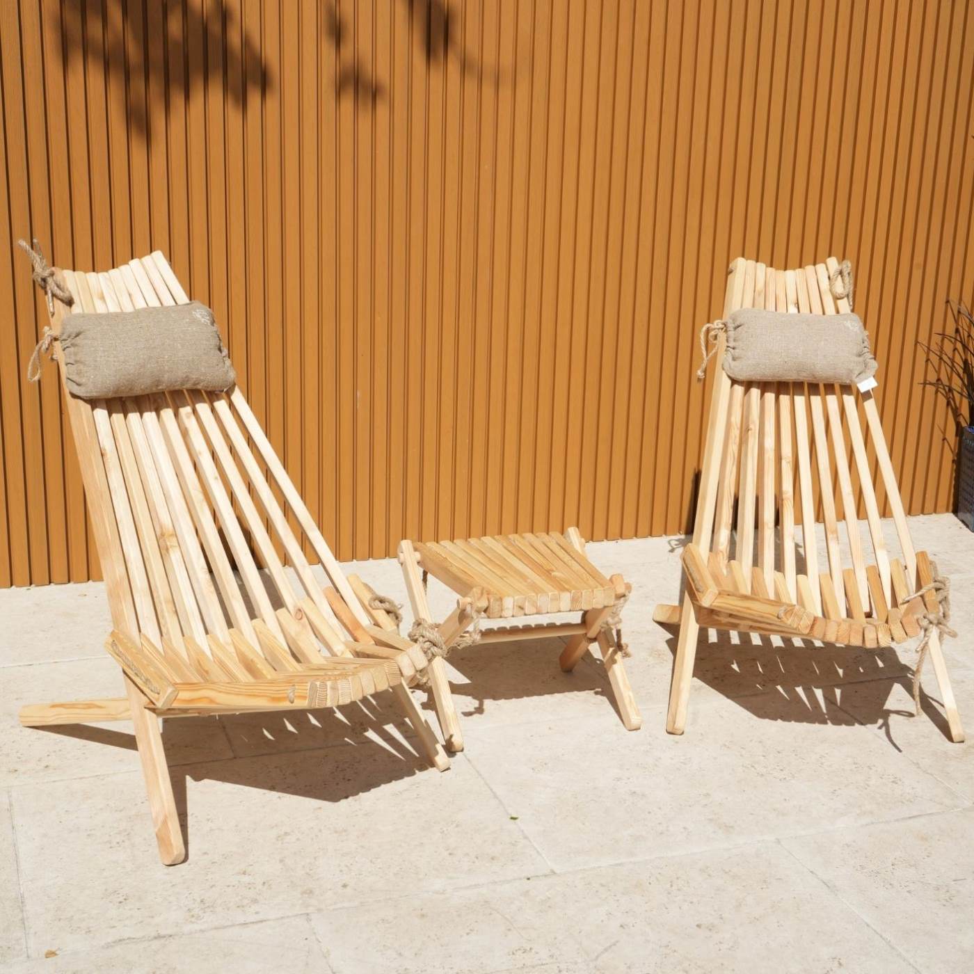 Ecofurn Lilli Side Table with Two EcoChairs and Cushions - Larch Natural