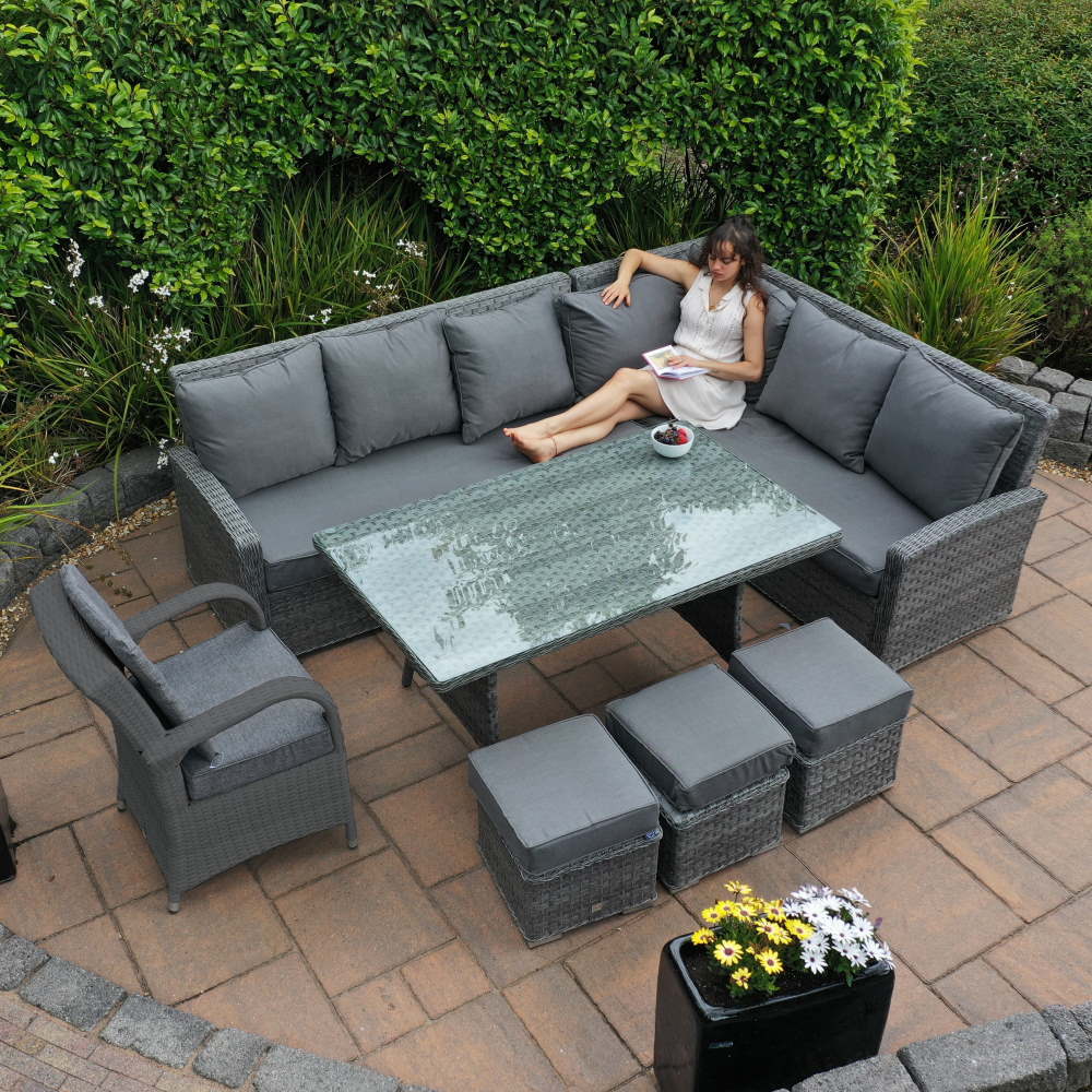 California Rectangular Rattan Corner Dining Set With Chicago Chair in Grey