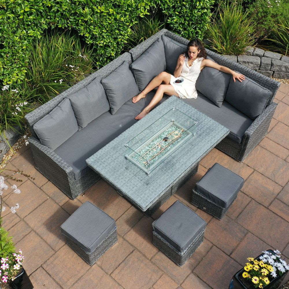 California Corner Rattan Set with Rectangular Fire Pit Table