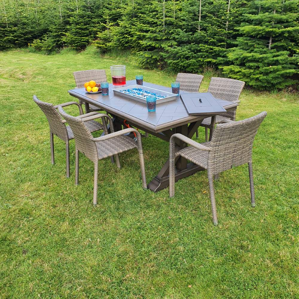 Bali Rectangular Set with Gas Fire Pit 6 Oliveira Chairs