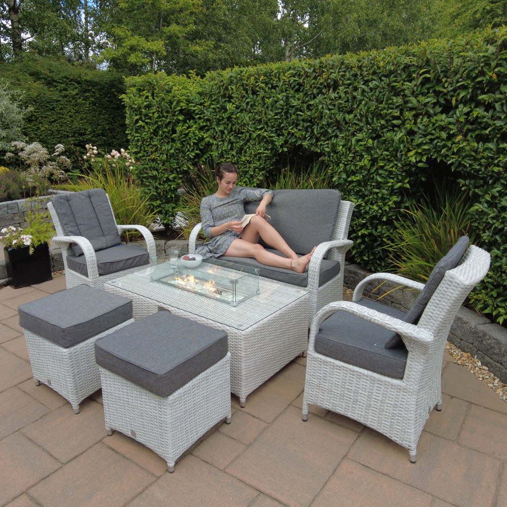 Treviso Coffee Fire Pit Set with 2 Seater Bench, 2 Armchairs and 2 Footstools
