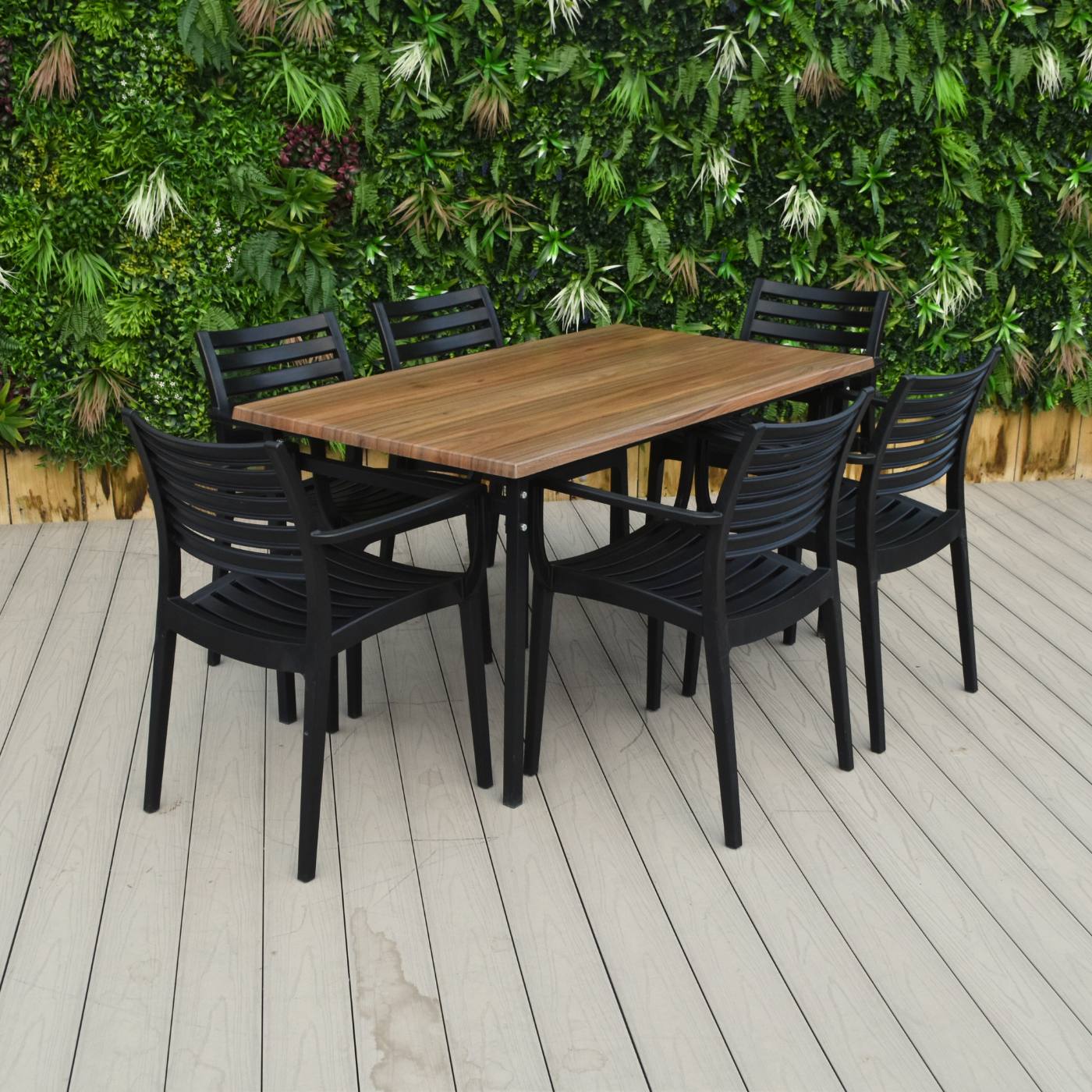 6 Seater Rectangular Canyon Walnut Werzalit Table & Black Artemis Chairs