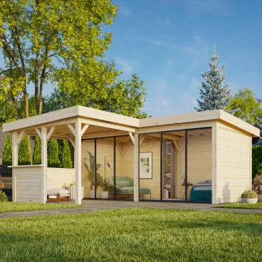 Lenna 24.9m L Flat Roof Connect with 4 Full Walls, 2 Sliding Doors and Corner Half Wall - Version 2 (6m x 6m x 3m)