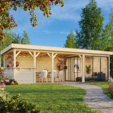 Lenna 24.9m I Flat Roof Connect with 4 Full Walls, 2 Sliding Doors and Corner Half Wall (9m x 3m)