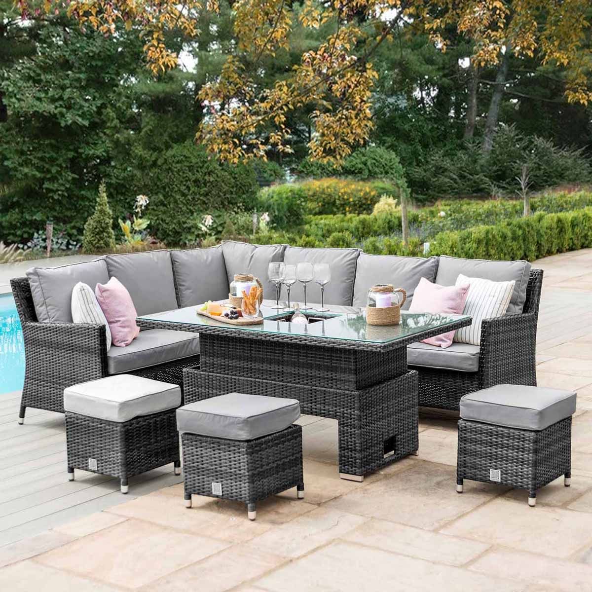 Cadiz Corner Rising Table Rattan Dining Set with Ice Bucket Grey