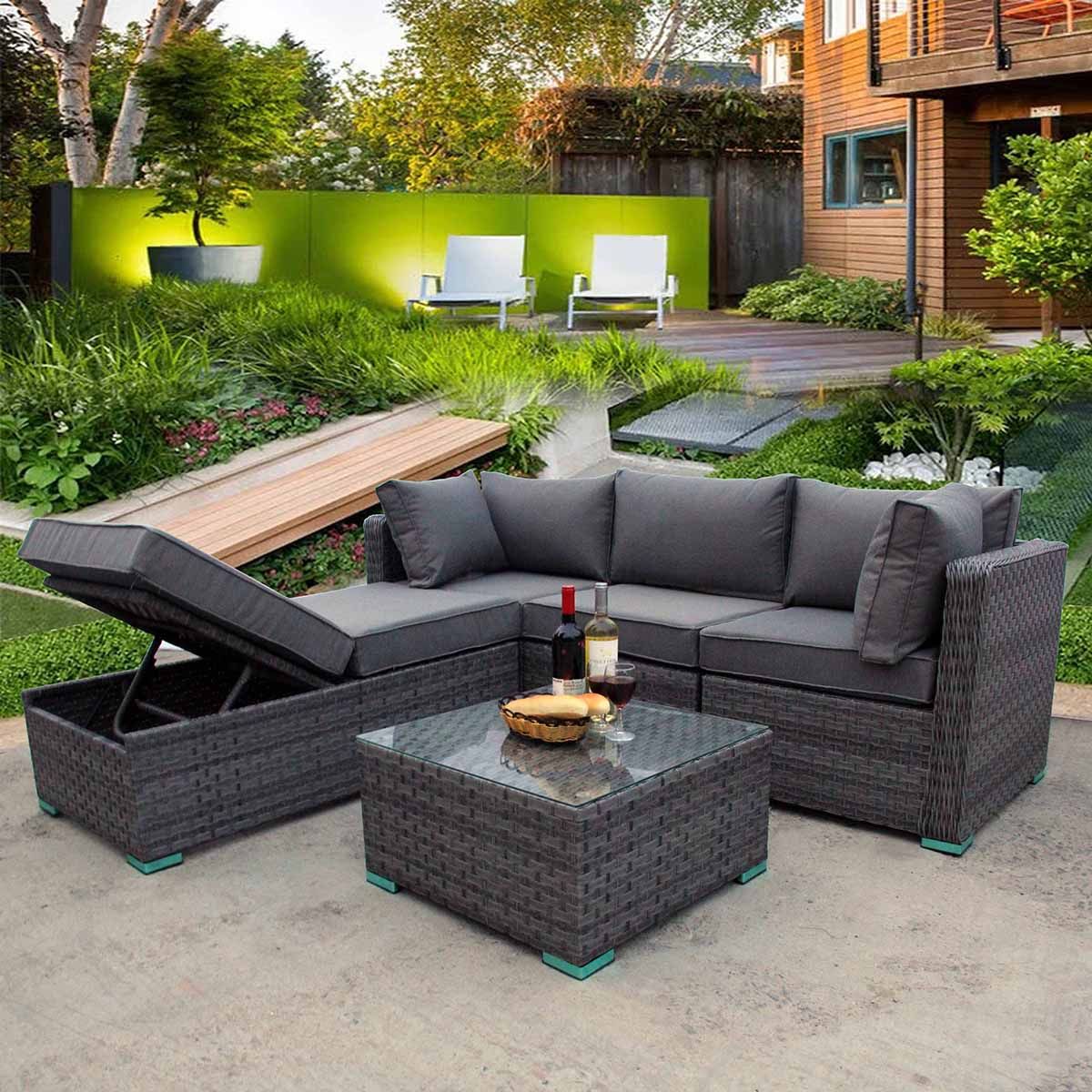 Rio Grande Reclining Bench Rattan Corner Sofa Set Grey