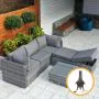 Rio Grande grey rattan corner set with adjustable sun lounger and thick cushions, featuring a rust-resistant frame