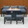 Aurora lounge garden furniture set featuring a modern grey rope design with comfortable cushions and fire pit table. Elegantly arranged in a garden setting with sleek cladding in the background
