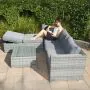 Grey rattan corner set with adjustable sun lounger function, rust-resistant frame, and plush cushions for outdoor relaxation
